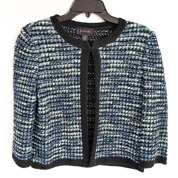 St John Boucle Knit Open Front Hook & Eye Jacket Womens 4 Teal